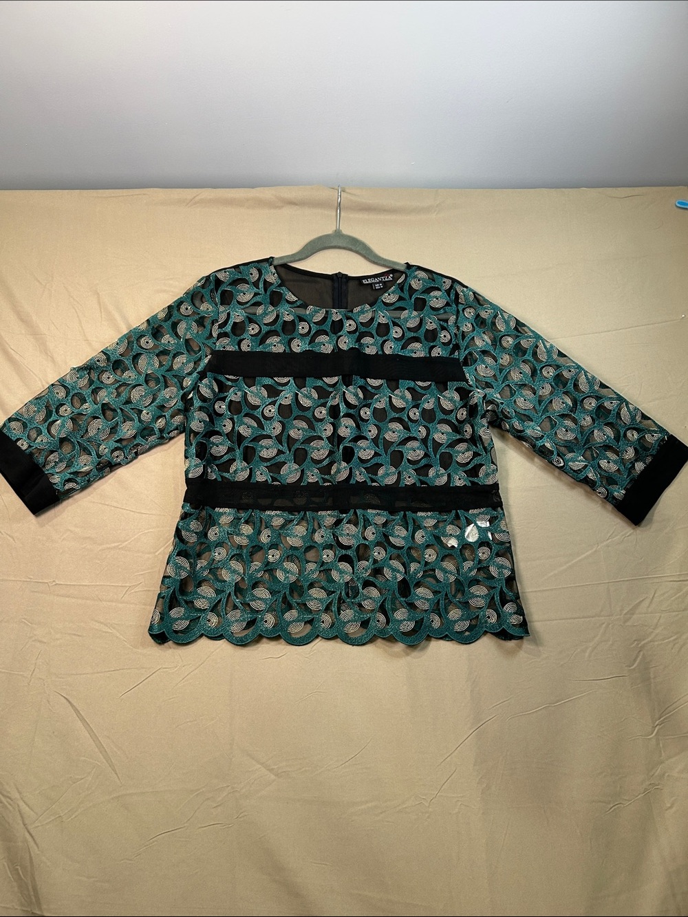 Elegantza Teal, Black  and gold Lace Overlay Blouse size 14